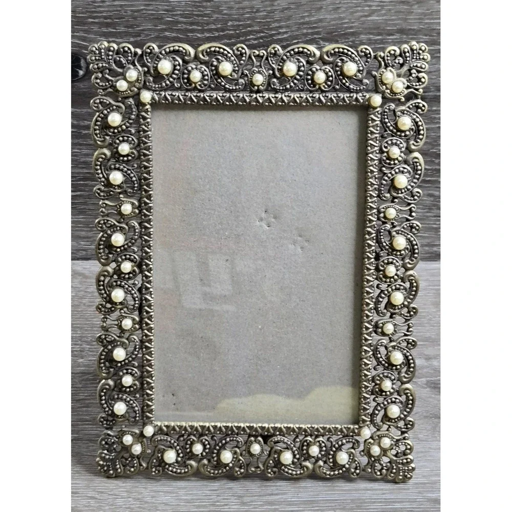 Vintage Ornate Bronze Tone Filigree Picture Frame Faux Pearl Embellishments 6x8